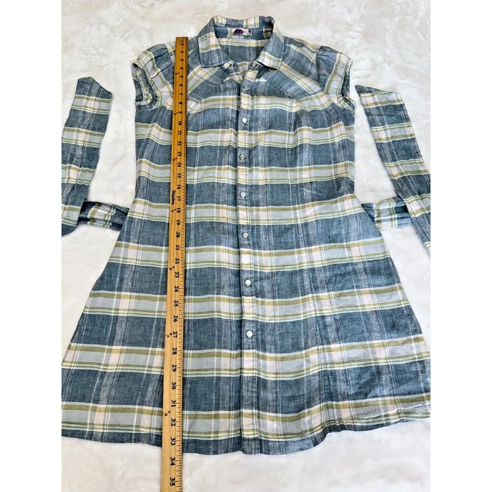 Buffalo David Bitton Plaid Shirt Dress Belted Snap Front Blue Beige Women's S